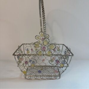 Vintage Silver Color Wire Metal Pastel Beaded Easter Basket Spring Flowers